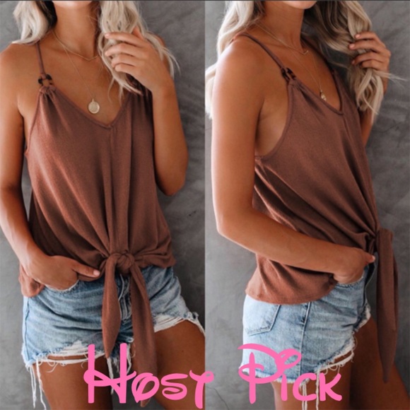 Brown Quicksand Spaghetti Strap Tank Top with Tie Detailing - Picture 1 of 13